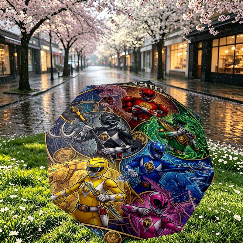Custom Name Personalized Power Rangers Print Umbrella, Auto Open Close, 8‑Rib Sturdy Frame, Commute Camping Hiking Use, Birthday Gift