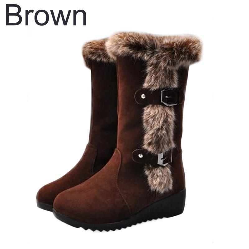 Women Snow Boots Slip-On Faux Fur Winter Shoes Mid-Calf Boots with Wedge Heel