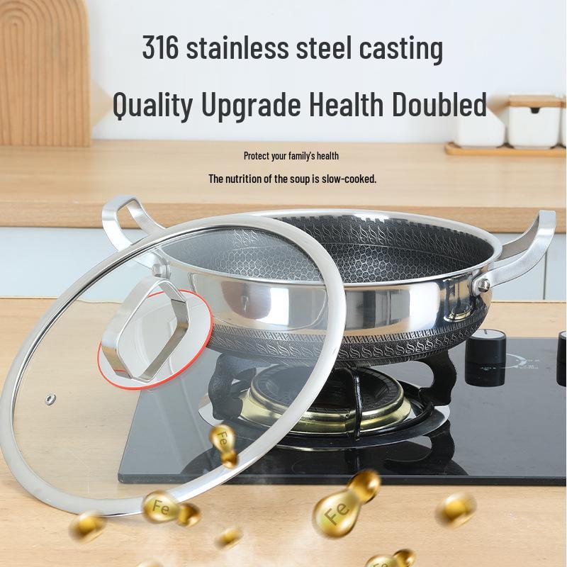 Deepened 316 Stainless Steel Non-Stick Double-Handle Pan for Pancakes - Compatible with Induction and Gas Cookers