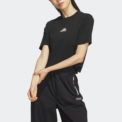 adidas Originals Women's Solid Color Floral Print Detail Sports T-Shirt, Black
