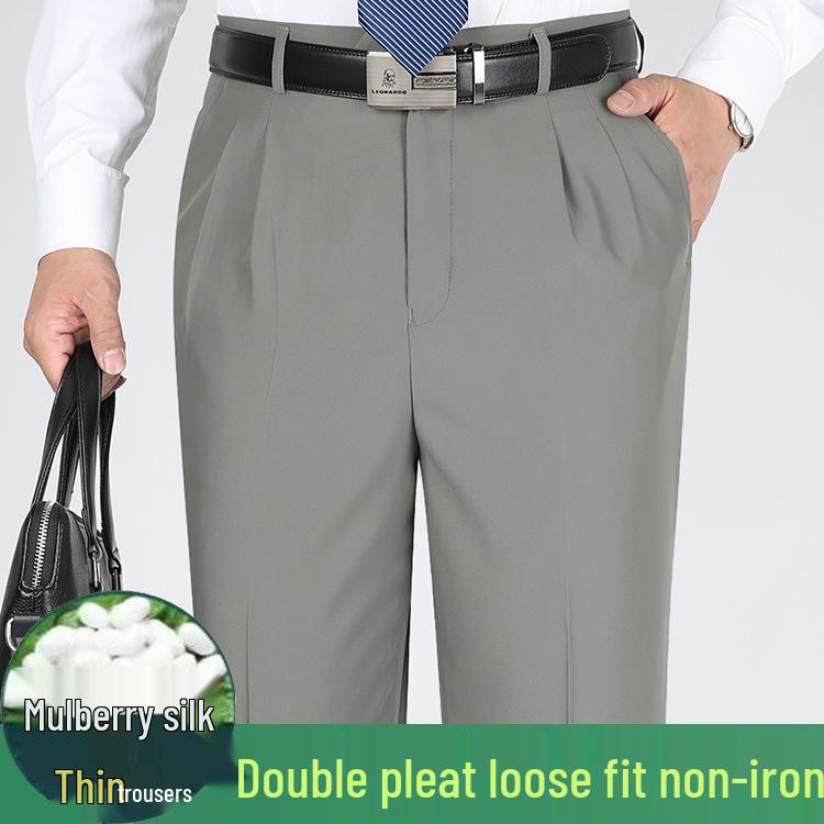 Men's Summer Mulberry Silk Dress Pants: Double Pleated, Loose Fit, Straight Leg, High Waist, Deep Crotch.
