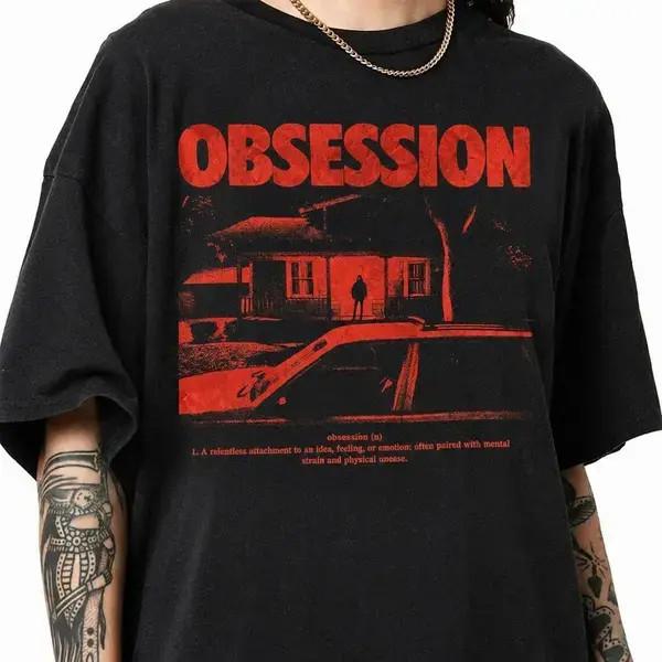 Obsession Retro Horror House Silhouette Oversized Distressed Cotton Graphic Tee
