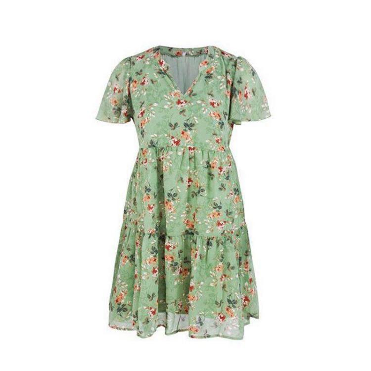 Women Chic Floral Print Loose Dress V Neck Short Sleeve Spring Autumn Fashion S-XL
