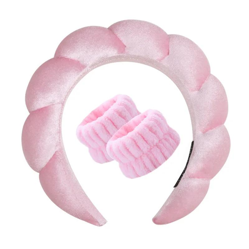 Vintage Velvet Cloud Hair Hoop for Women Girls Sponge Headband Wash Face Wristband Set Spa Bathroom Accessories