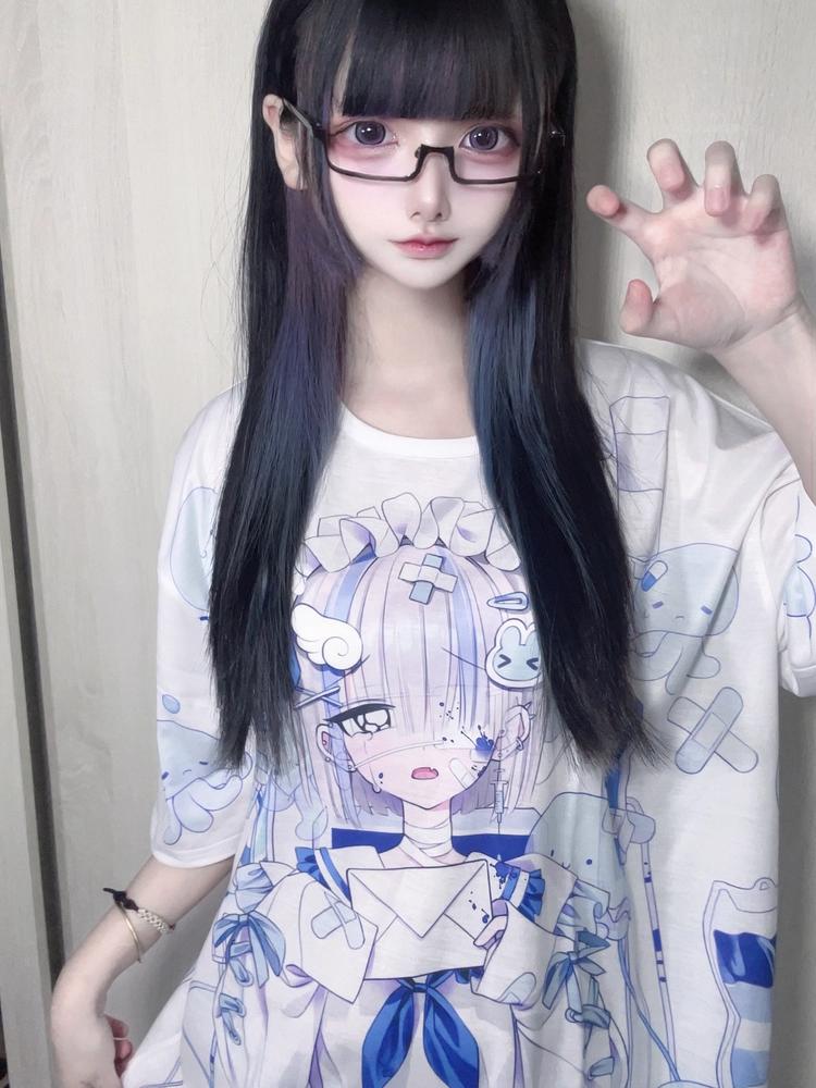 2026 New Dark Harajuku Style Girl Print T-shirt Adult Anime Style Loose Large Size Short Sleeve Kids Cute Y2k Role-playing Shirt