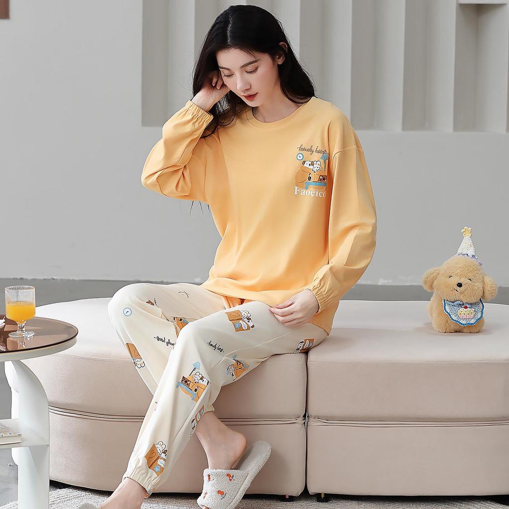100% Cotton Women's Pajama Set – Breathable, Sweat-Absorbent, Long Sleeve Crew Neck for Indoor & Outdoor Wear (Autumn/Winter)