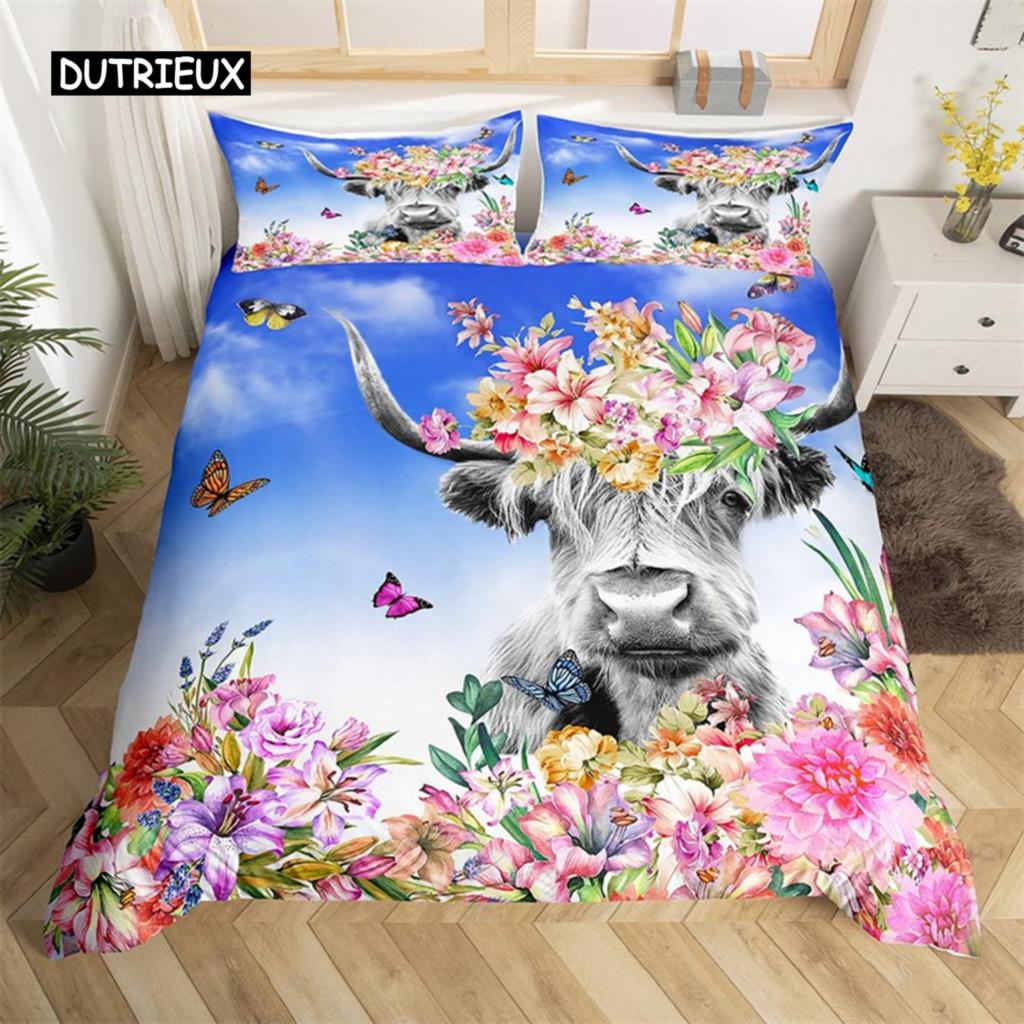 Highland Cow Bedding Set Polyester Bull Cattle Flowers Quilt Cover Western Wild Animal Duvet Cover Farmhouse Cow Bedspread Cover