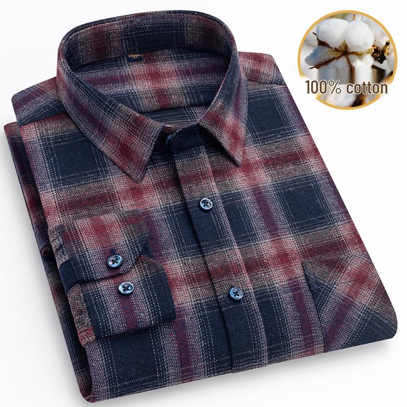 New Men's Plus Size Brushed Cotton Plaid Long Sleeve Shirt for Middle-Aged & Elderly with Straight Hem