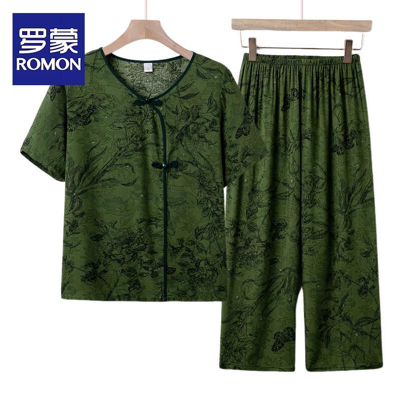Romon Mid-Aged Women s Summer Floral Two-Piece Set 3XL