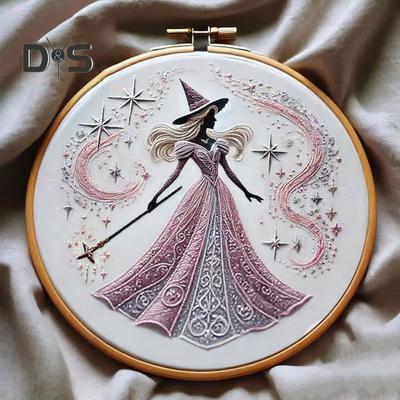 Pink Witch Embroidery Kit Witch Pattern DIY Embroidery Set Hand Embroidery Craft Kit for Beginners Embroidery Lovers