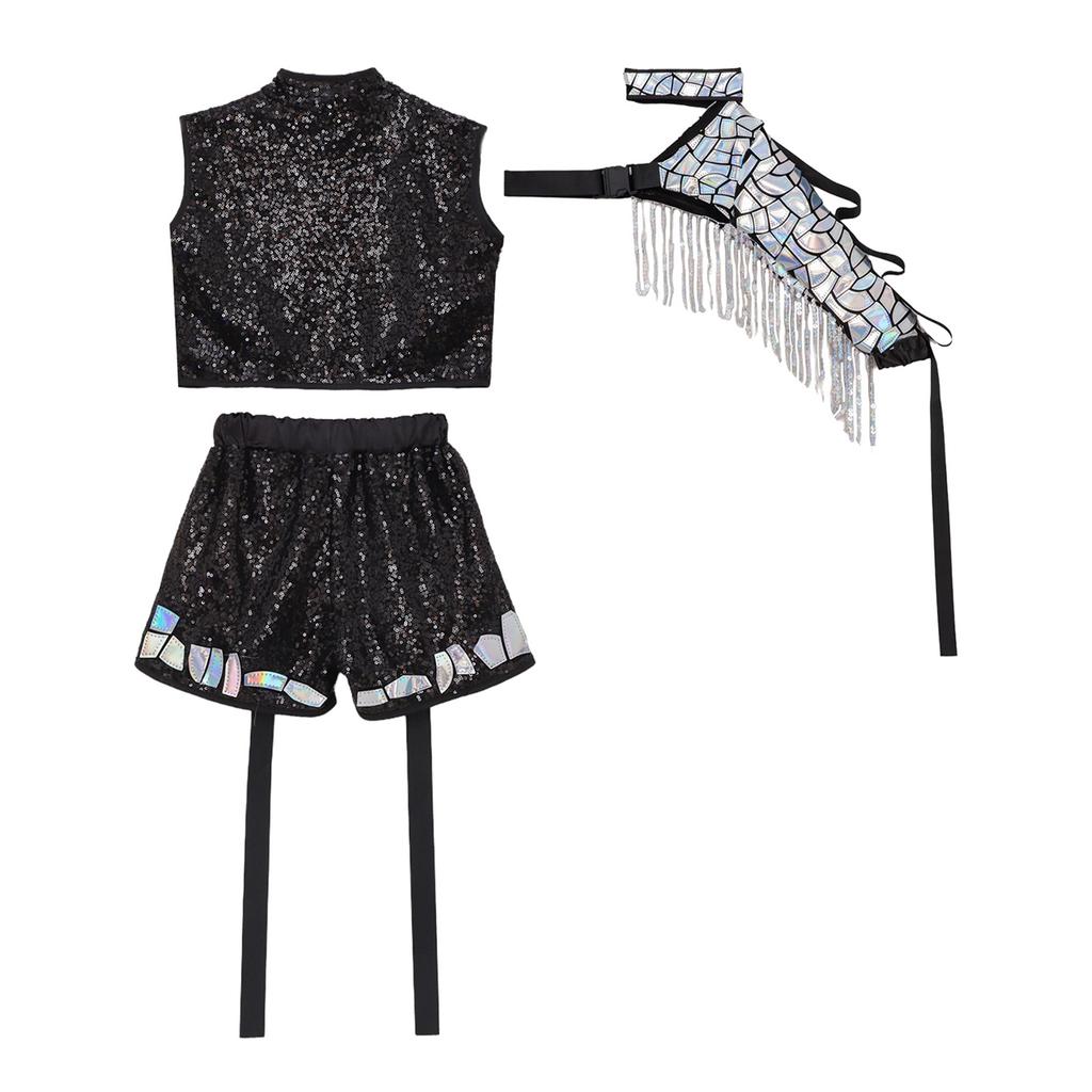 Completo Hip Hop Danza Bambini Top Corto Senza Maniche Zip Up Laccato Paillettes Shorts Set Maniche con Nappe Staccabili