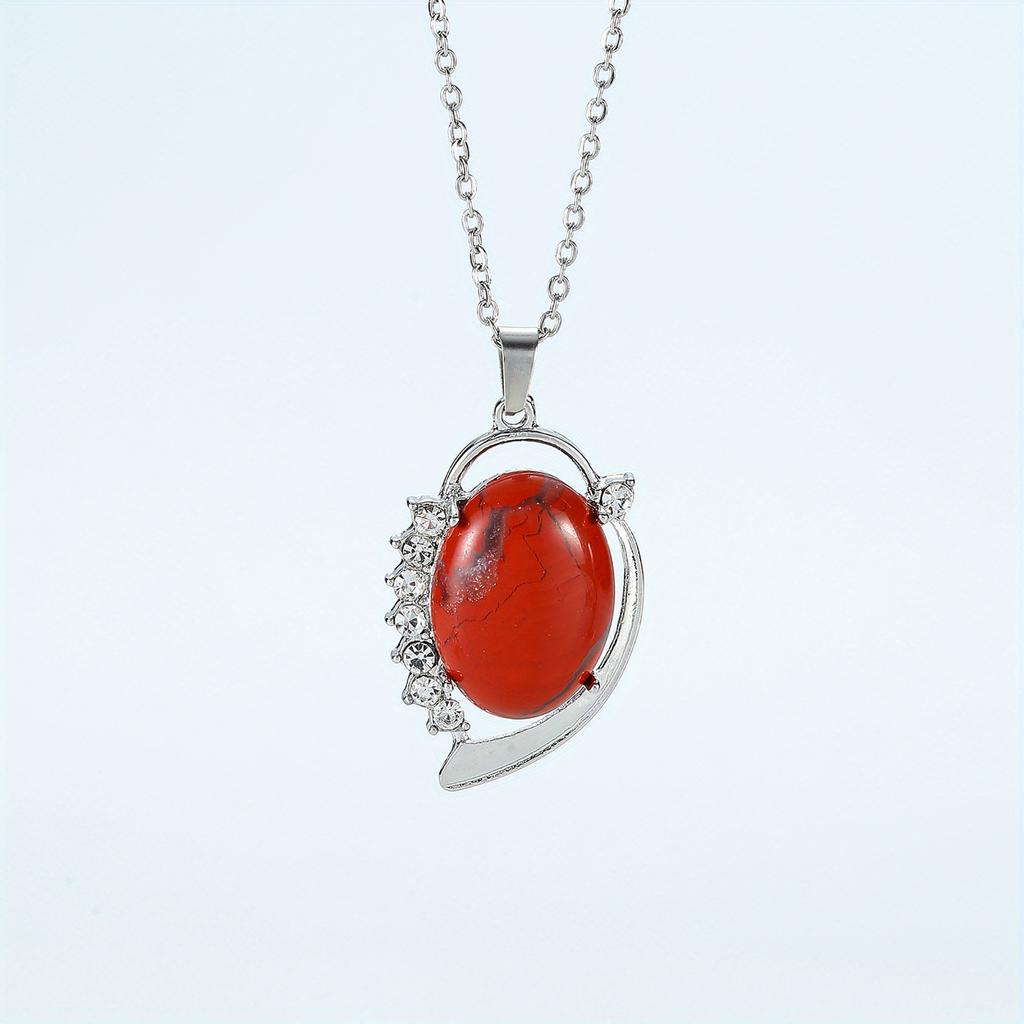 Natural Crystal Stone Pendants Necklaces Oval Bead Healing Pink Quartz Jewelry for Women Oval Shape Charms Metal Alloy Pendant