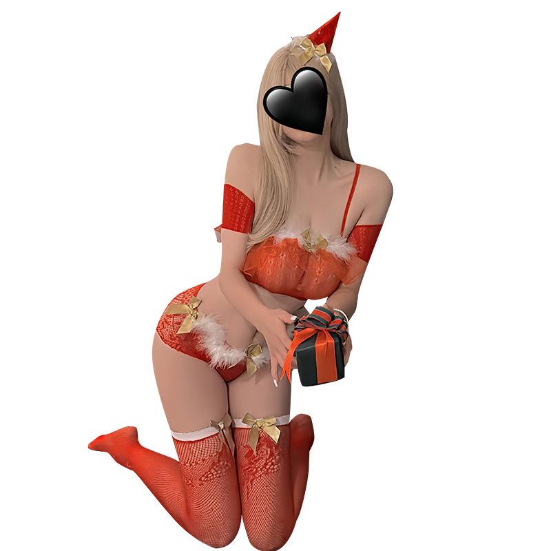 Christmas Fun Sexy Lingerie Set Perspective Cosplay Split Mesh Black Silk Stockings Seduction