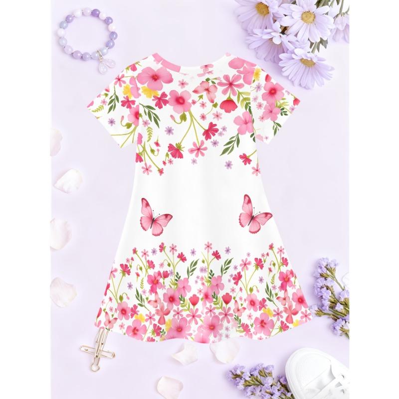 Girls' Pink 3D Flower & Butterfly print Short Sleeve Dress - Summer A-Line with Round Neck, Short Sleeves & for Outdoor Play,