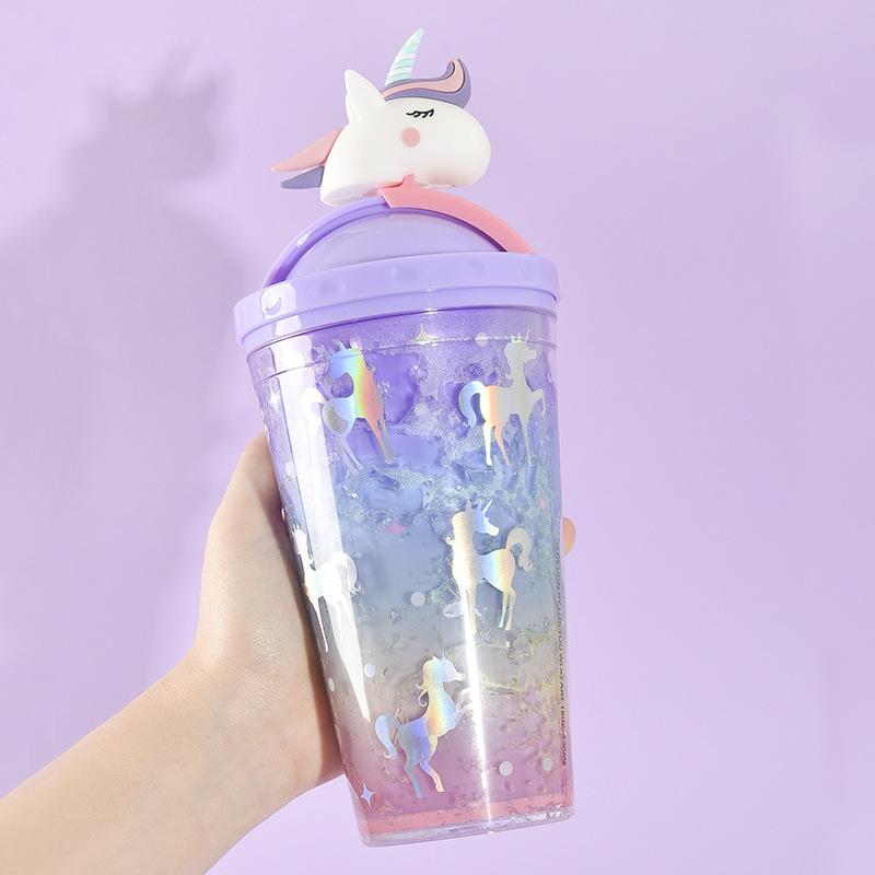 Jednorožec Ice Cup Fľaša na vodu Gradient Girl Heart Roztomilý slamený pohár Jednoduchý prenosný domáci kreatívny dvojitý plastový pohár