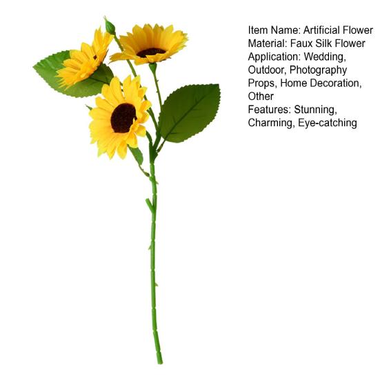 3 Heads Artificial Sunflower Bouquet Faux Silk Sunflower with Long Stem for Home Hotel DIY Craft Wedding Party Indoor Outdoor Decor