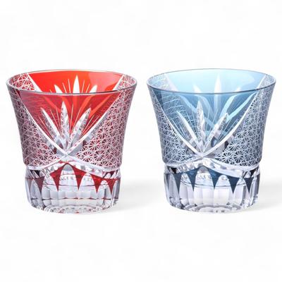 Mizukage Kiriko Pair Glass Cups 240cc Orchid Carving Small Pattern Red Ink Blue with Engraved Base Bishou Current Model J-kitchens 90xH85mm &