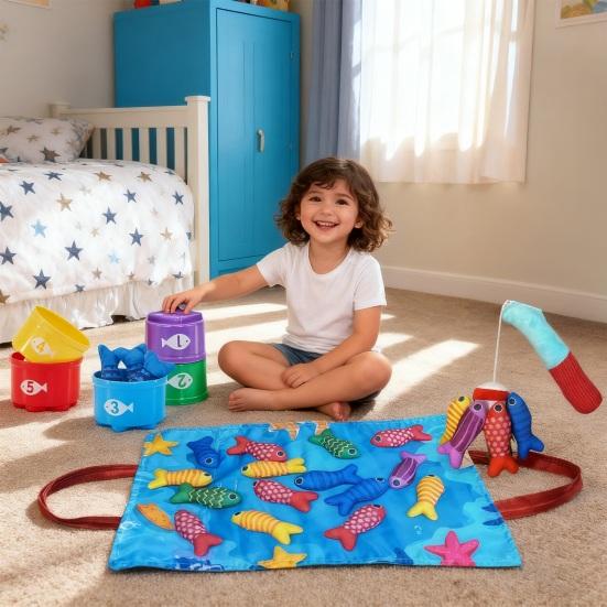 Montessori Fishing Toy for Toddlers Soft Fabric Play Mat with Fish & Stacking Buckets Early Learning Educational Game for Babies 1-3 Years Old