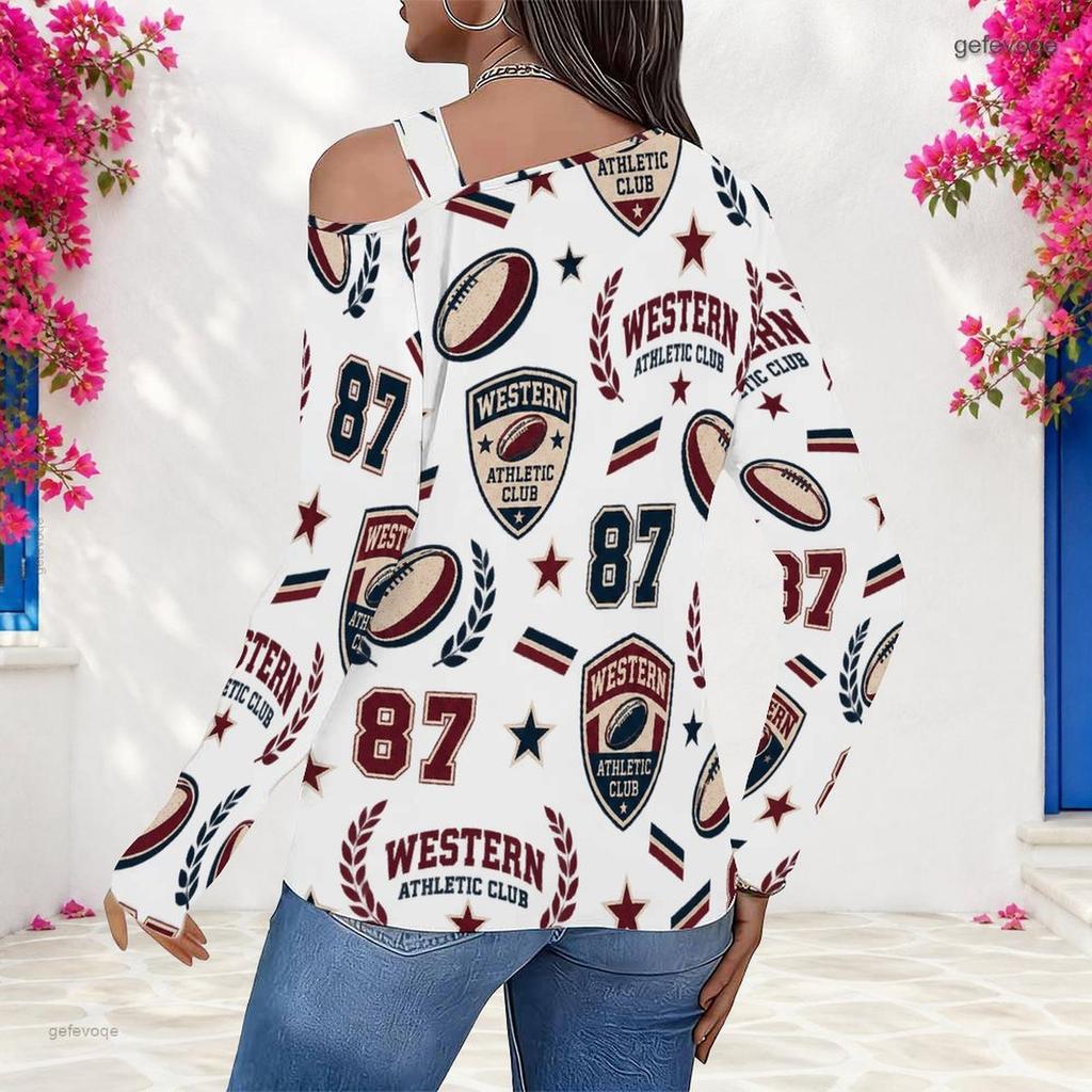 Women Plus Size White Asymmetric Cutout Neck Cold Shoulder Long Sleeve Sailboat Printed Top