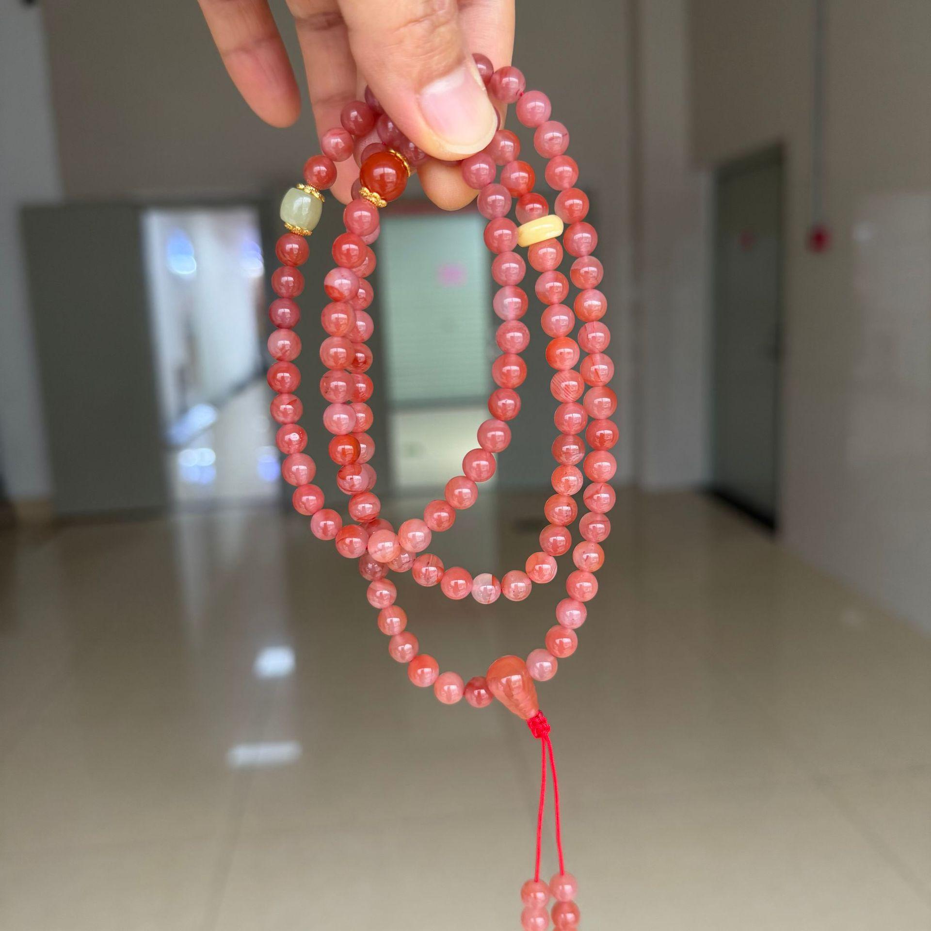 Southern Red Cherry 7mm Round Beads Buddhist Bracelet Sweater Chain - 108 Moist Red Beads Multi-Strand