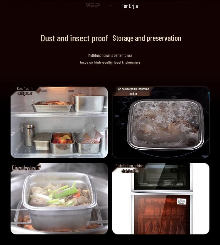 304 Stainless Steel Large Rectangular Food Storage Container for Kitchen and Refrigerator