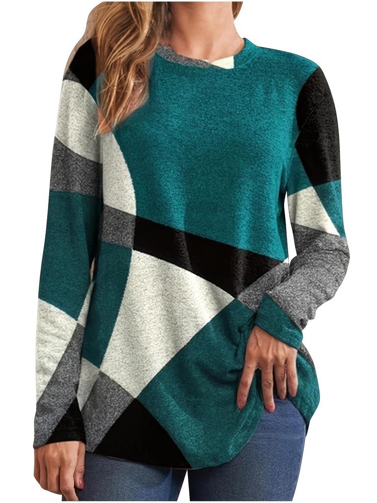 Plus Size Women's Color Block Geometric Print Long Sleeve Top - Multiple Colors, Spring/Autumn Style