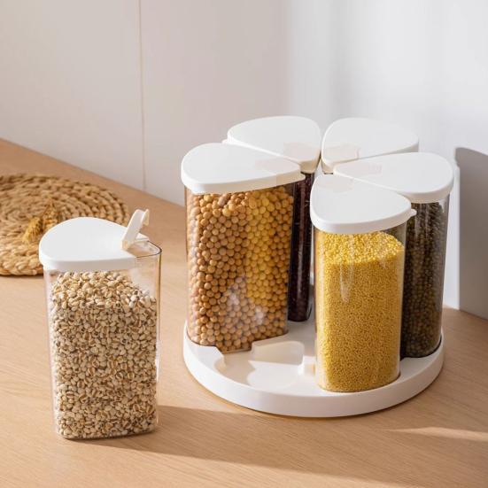 360-Degree Rotating Grain Dispenser Dry Food Storage Bin with Lids Cereal Dispenser with 6 Sealed Containers for Rice Flour Oats Pantry Countertop