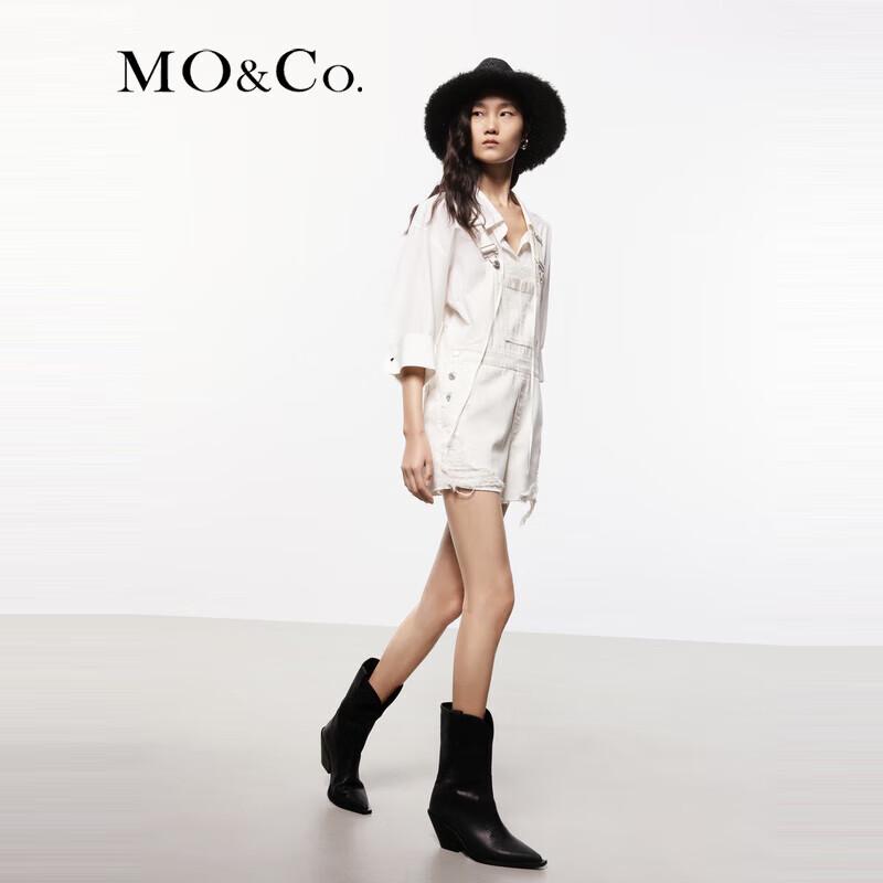 MO&Co. Ripped White Denim Short Overalls