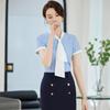 Tromen Women's Blue Stripe Short Sleeve Bow Tie Blouse