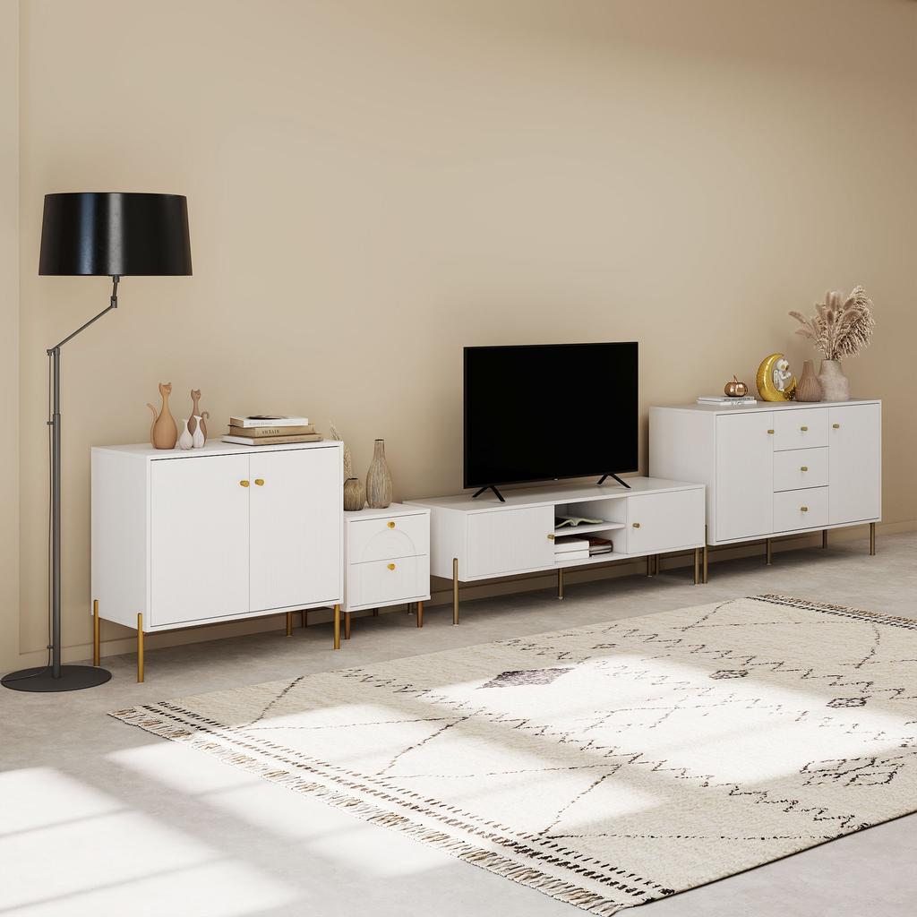 Sideboard, 2 Doors, Adjustable Shelves, Marble Effect Top, Steel Legs, 80 x 39.1 x 76 cm, White