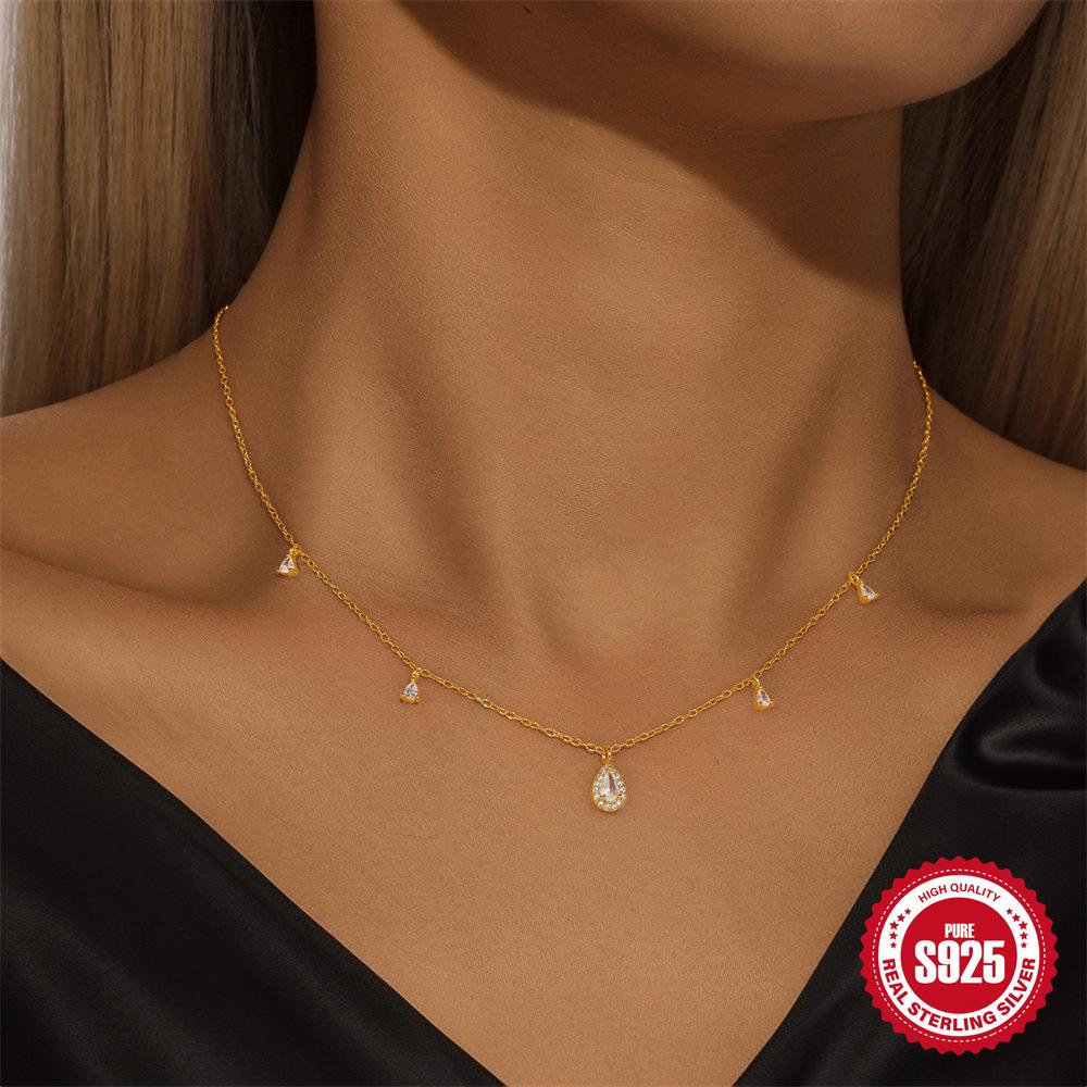 Stylish And Simple S925 Sterling Silver Water Drop Diamond Stacked Women'S Versatile Collarbone Necklace
