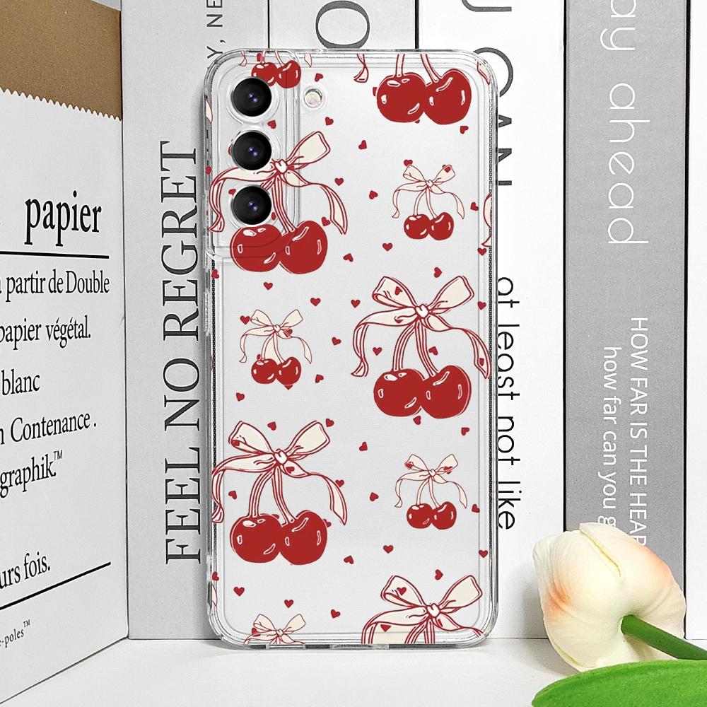 Korean Cute Cherry Bow Silicon Phone Case for Samsung Galaxy S22 S23 S24 S25 Plus Ultra S21 FE Clear Soft Shockproof Back Covers