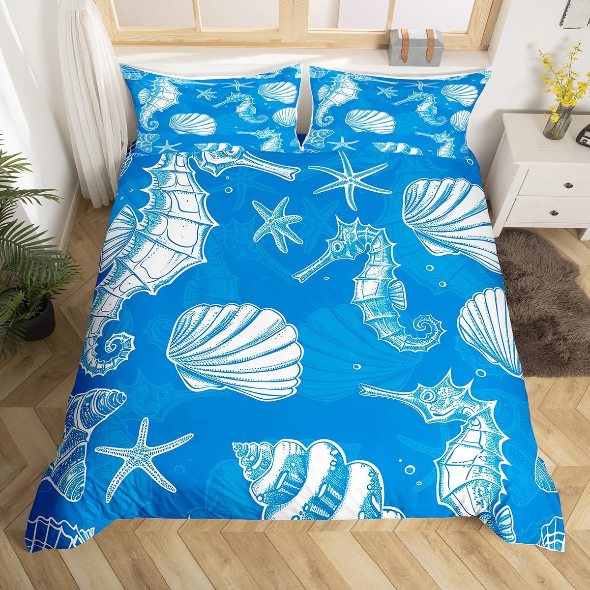 

Comforter Coastal Twin Queen Nautical Beach Bedding Set For Young Child Cartoon Starfish Seaweed Seashell Comforter Comforter (quilt)-EU Single(135*200cm)3pcs