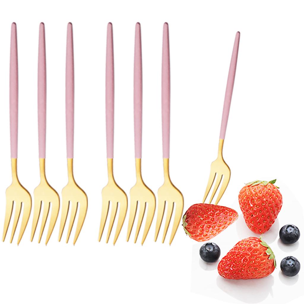 6Pcs Pink Gold Dinnerware Set Stainless Steel Small Fork Cutlery Cake Fork Fruit Fork Dessert Fork Flatware Kitchen Accessory