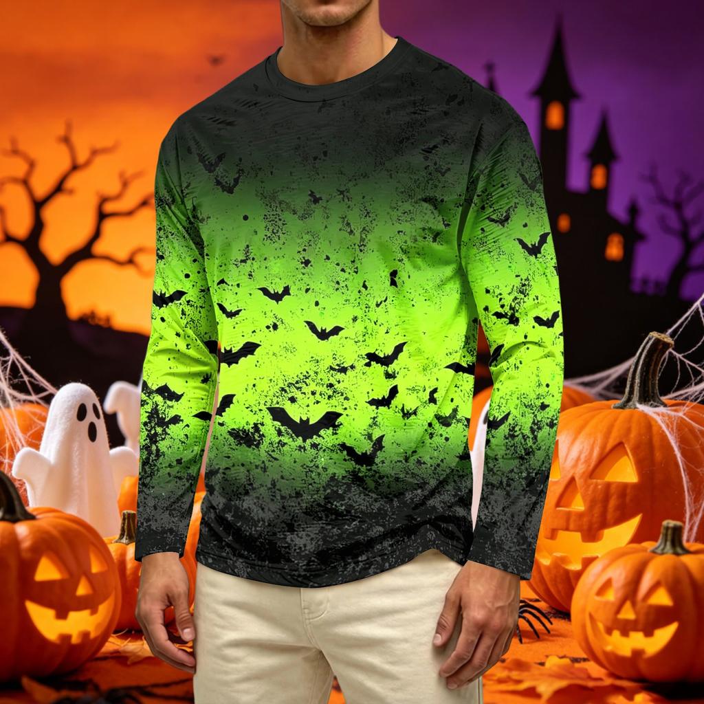 Men's Long Sleeve Casual T Shirt Crew Neck Haunted House Print Halloween Theme Graphic Tee Comfortable Fit