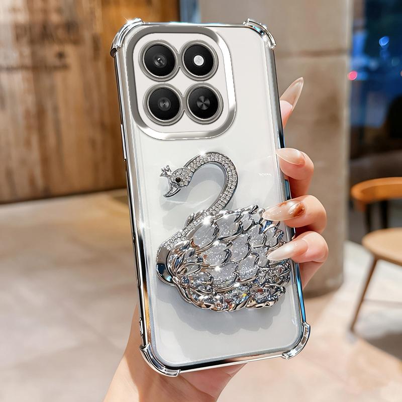 KEYSION Shockproof Plating TPU Phone Case for HONOR X7d 5G Glitter Jewelled Swan kickstand Back Cover for Honor 400 Smart 5G