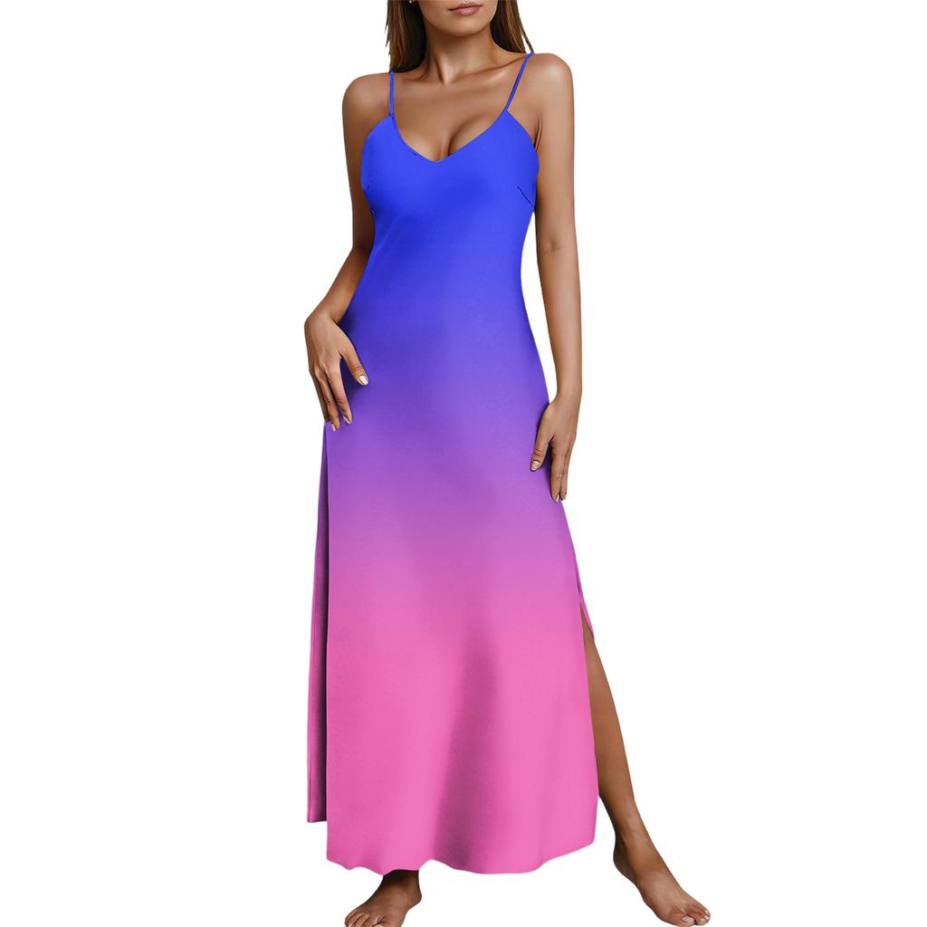 Maxi Abito Smanicato Sfumato con Spalline Sottili Regolabili Scollo a V Casual Vestibilità Larga Estivo Lungo