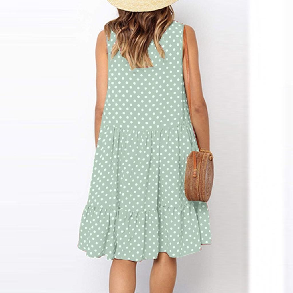 Women's Summer Fashion Casual Dot Print  O-neck Sleeveless Loose Ruffle Stitching A-line Dress