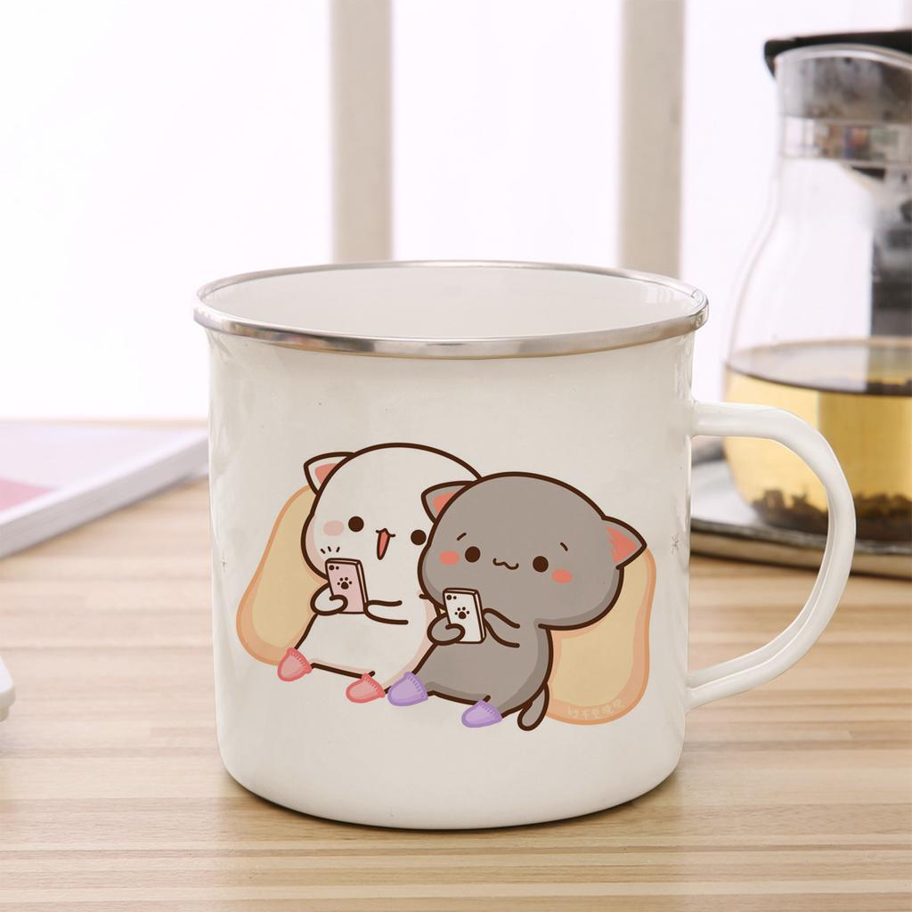 Peach and Goma Cat Enamel Coffee Tea Cup Cute Animal Breakfast Dessert Milk Water Cup Couple Gift