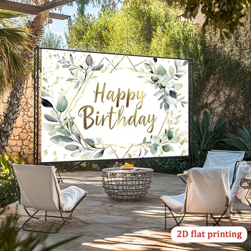 2D Eucalyptus Gold Birthday Backdrop, Elegant Birthday Party Photography Background