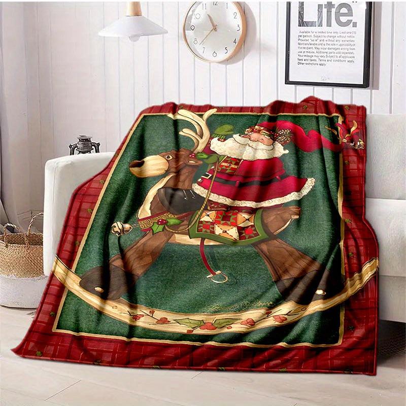 Christmas Santa Claus Reindeer Throw Blanket - Polyester Flannel Knitted, Digital Print, Stain-Resistant, All-Season Cozy