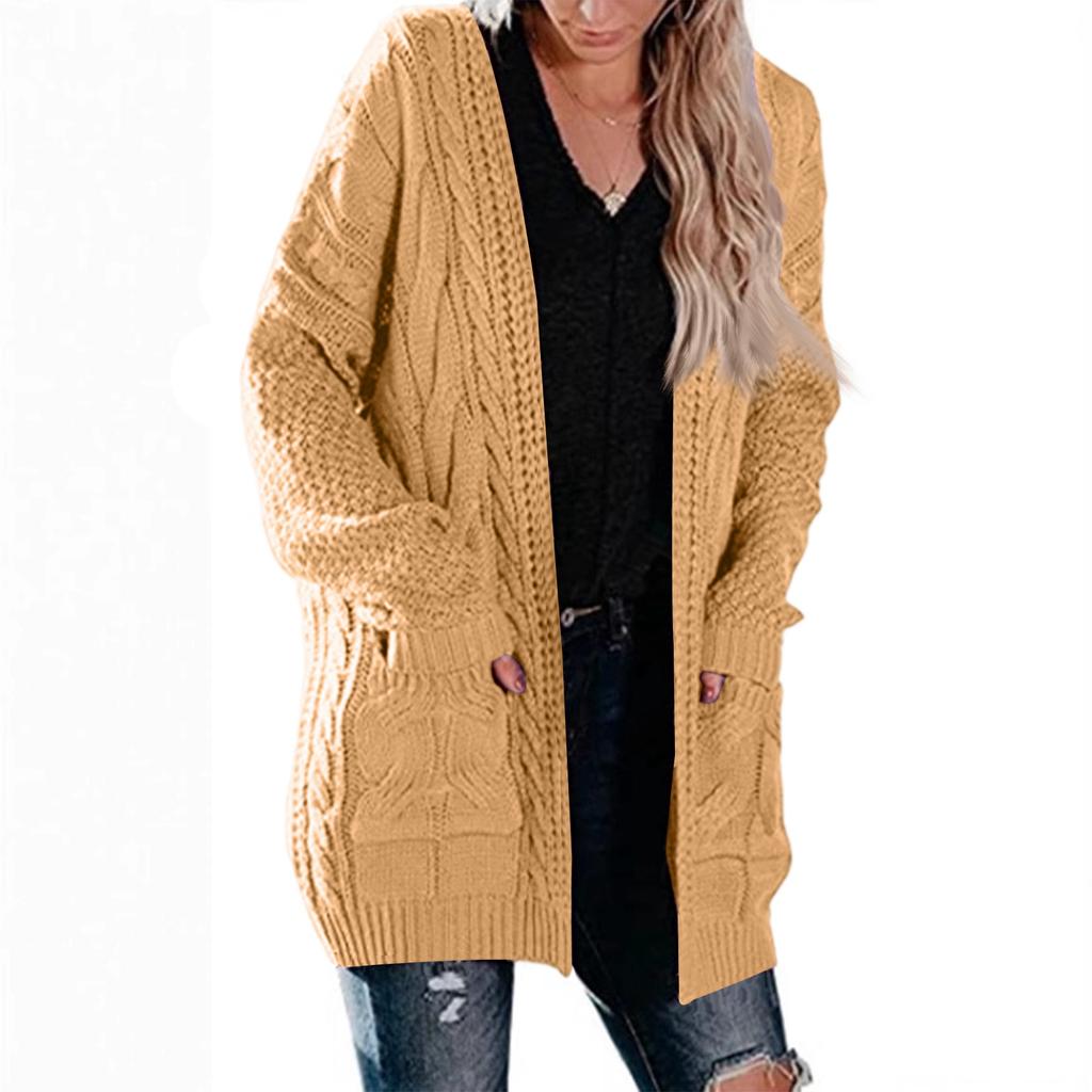 Women's Mid-Length Cable Pocket Knit Cardigan Sweater