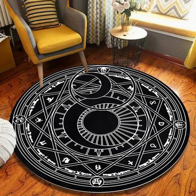 Black and White Sun Moon Circular Carpet Abstract Sun Printed Carpet Non Slip Door Mat for Living Room Entrance Bedroom Rug