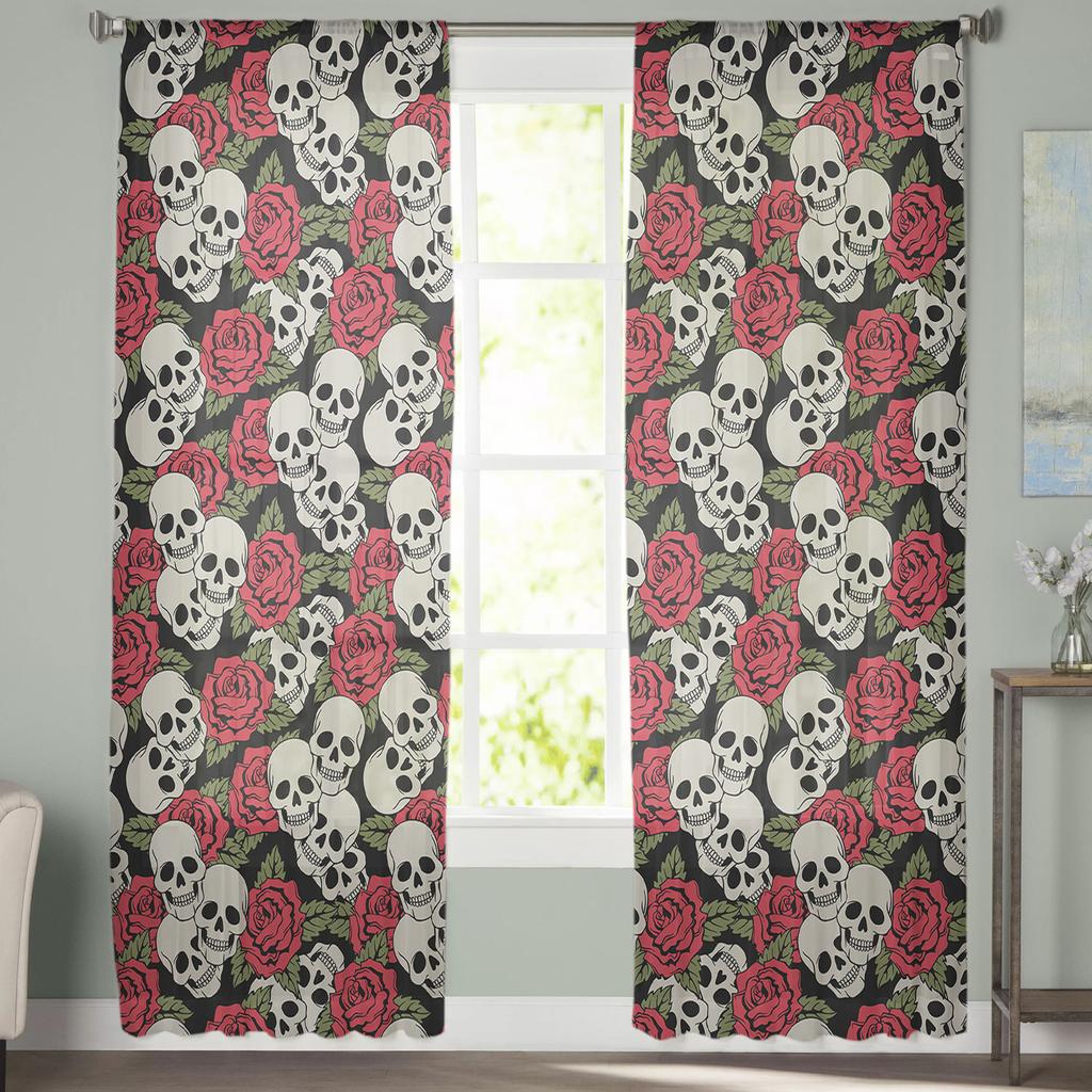 Skull Roses Flower Curtain Window Tulle For Living Room Bedroom The Kitchen Window Treatment Decorations Curtains