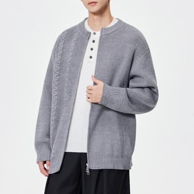 Men's Japanese Retro Loose Knit Cardigan - Solid Color, Casual, Versatile, Simple Round Neck Sweater for Autumn/Winter