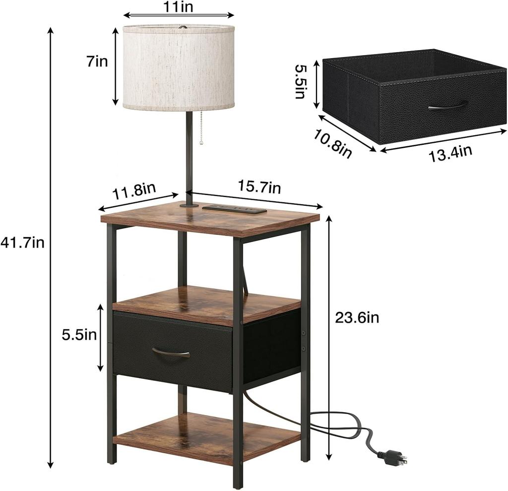 Tall Nightstand with LED Lights, 3 Color Temperatures, Charging Station, Adjustable Fabric Drawer – Bedroom End Table