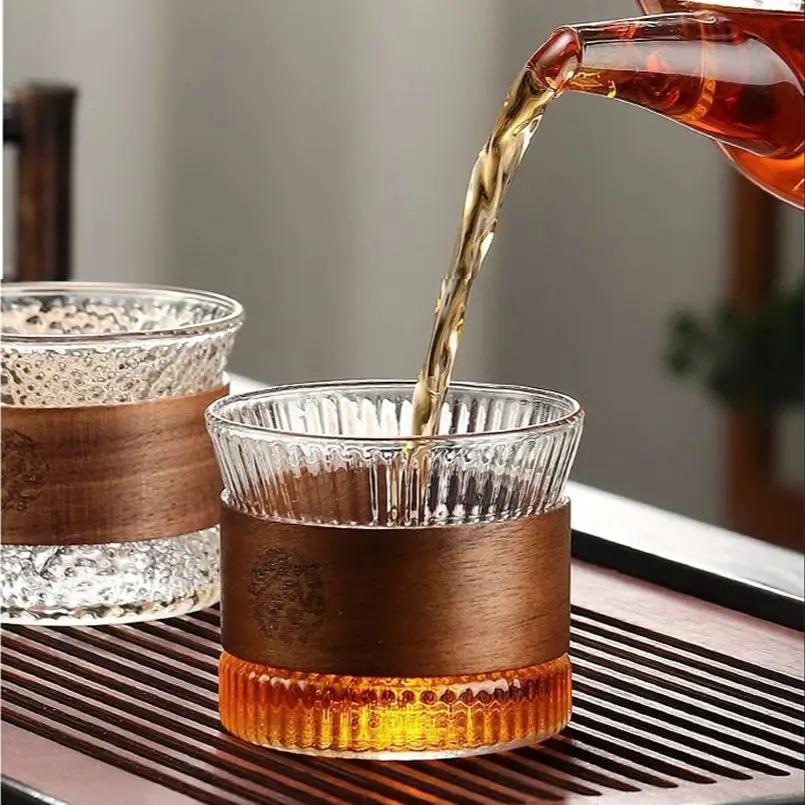 Japanese-style High Borosilicate Transparent Glass Tea Cup Household Wooden Ring Anti-scalding Vertical Grain Small Tea Cup