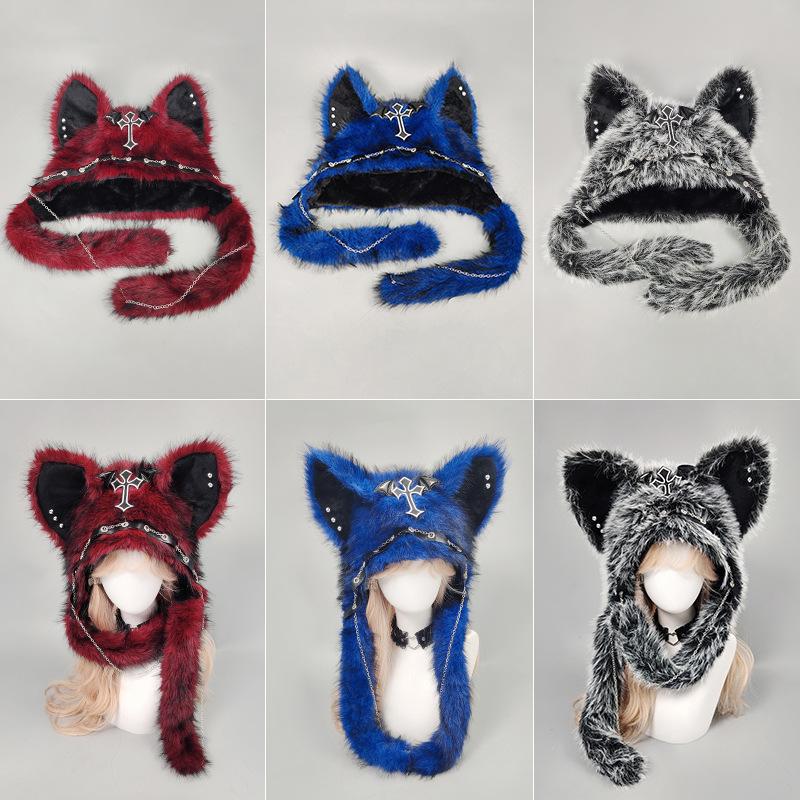 Dark Series Gothic Plush Hat Y2K Cross Metal Style Headwear Cosplay Cat Ear Hat Halloween Punk Rock Warm Cap For Women Men