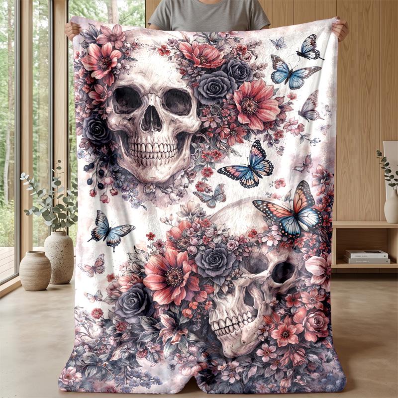 Skulls and Floral Butterflies Theme blanket Lightweight Warm Flannel Blanket Decorative Throw Blanket for Home Decoration