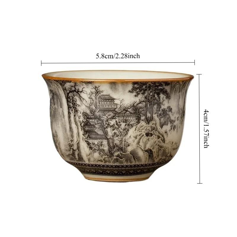 65ML Ru Kiln Ink Landscape Round Tripod Teacup, Personal High end Master's Cup, Single Cup, Opening, Nourishing Ceramic Tea Cup